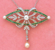Antique Edwardian .54ctw Diamond .80ctw Emerald Pearl Pendant 18” Necklace 1910 - £4,280.93 GBP