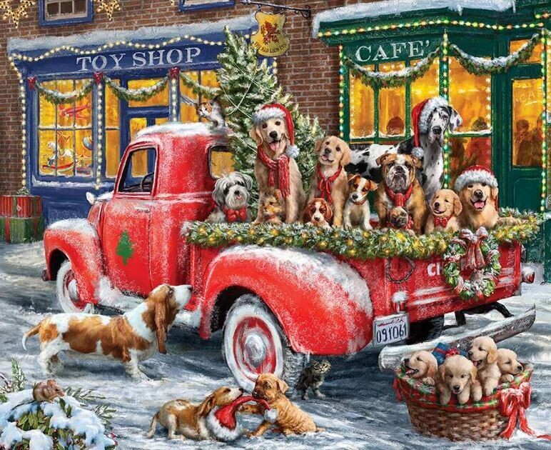 36&quot; X 44&quot; Panel Christmas Wishes Red Truck Puppies Cotton Fabric Panel D... - $15.95