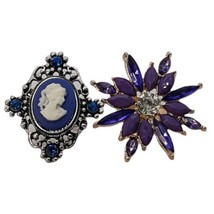 Lot Of 2 Jewelry Fashion Rings Blue Camero Purple Sunburst Flower Rhinestones - £8.15 GBP
