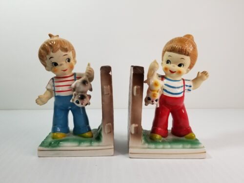 Vintage Enesco Ceramic Bookends Boy Girl Fence Puppies Dogs Made In Japan - $11.84