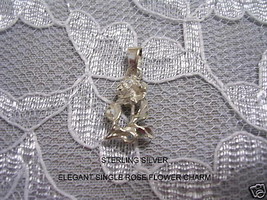 New Elegant Single Stem Rose Flower Engraved Sterling Silver Charm - £7.86 GBP
