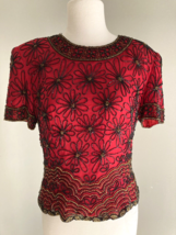 VTG  PAPPEL BOUTIQUE EVENING Top RED Silk Beaded Blouse Cocktail daisies... - $14.85