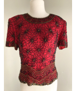 VTG  PAPPEL BOUTIQUE EVENING Top RED Silk Beaded Blouse Cocktail daisies... - $282.25 MXN