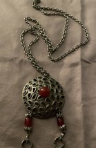 Vintage 28” Necklace With Round Silver &amp; Red Pendant 2” Wide X 3.25” Long - £9.00 GBP