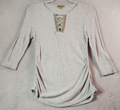 Democracy Blouse Top Womens XS Gray Ribbed Rayon Long Sleeve Round Neck Ruched - £9.09 GBP