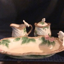 Vintage Ceramic Cream &amp; Sugar Set With Dish Serving Tray W/BIRDS Roses - $22.10