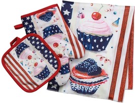 4pc Kitchen Set: 1 Pot Holder, 1 Oven Mitt &amp; 2 Towels, Patriotic Usa C UPC Akes,Lk - £11.86 GBP