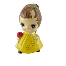 Josef Original Big Eye Girl Figurine Vintage 70s Yellow Dress October Birthday - £19.44 GBP