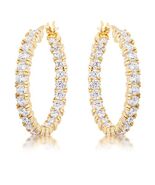 Yellow Gold Plated Brass 4mm Wide Round Zirconia Eternity Hoop Earrings - $43.00