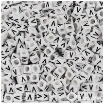 BeadTin White Opaque 6mm Cube Plastic Alphabet Beads- Black Letter V (80... - $2.09