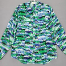 Two Women Shirt Size M Blue Green Peppy Print Sheer Long Sleeve Button Up Top - £10.13 GBP