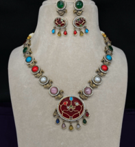 Bollywood Style Gold Plated Indian CZ Necklace Pendent Multicolor Jewelry Set - $123.49