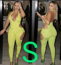 Lime Green Ribbed Cut Out Halter Stretchy Bodycon Jumpsuit~Size S - $37.17