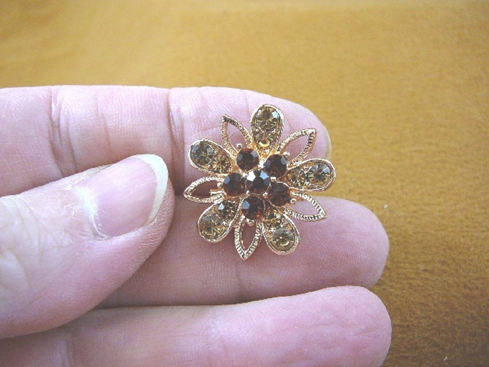 (bb600-1) cognac balck rhinestone crystal filigree flower gold tone broo... - $12.99