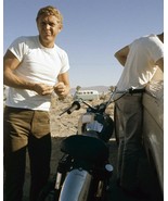Steve McQueen in white t-shirt stands next to bike in desert 1960&#39;s 8x10... - £7.67 GBP
