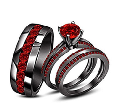 14K Black Gold Finish Round Cut Red Garnet Engagement Wedding Band Trio Ring Set - £113.11 GBP