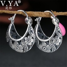 V.YA Vintage Style 925 Sterling Silver Flower Theme Hoop Earrings - Ladies - £19.97 GBP