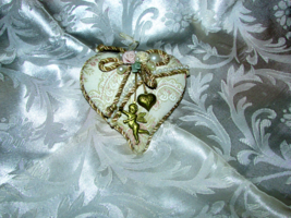 ANGEL - HEART ornament/gift beige w/metal angel, heart w/roses, pearls (... - $4.00
