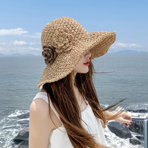 Summer Women&#39;s Wide Brim Straw Hat, Vacation Hat, Beach Hat, Flower Stra... - £15.79 GBP