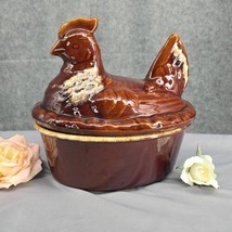 VTG Hull Pottery USA Brown Drip Glaze Large Hen Chicken Nest Casserole REPAIRED  - $42.56