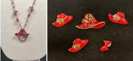 Red Hat Necklace Charm Beads Pendant 5 Red Hat and 1 Red Dress Pins - $18.75