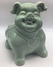 Piggy Bank Stoneware Smiling Celadon Green Heavy Pig Asian Embossed Ceramic 10&quot; - £34.87 GBP