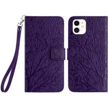 For iPhone 12 Tree Birds Embossed Pattern Leather Phone Case(Purple) - £3.94 GBP