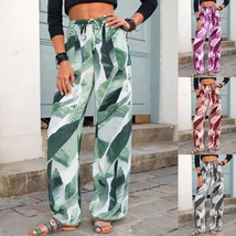 Fashion Drawstring Leaf Print Beach Pants Summer Casual Loose Wide Leg S... - $20.25+