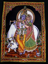 Lord Krishna &amp; Radha Indian Deity Sequin Batik 43&quot; X 30&quot; Tapestry Poster size - £6.97 GBP