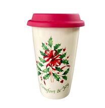 Lenox Comfort Joy Ceramic Travel Thermal Mug Double Wall Holly Silicone Lid - $8.28 CAD