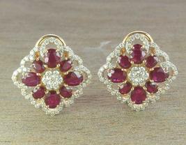 14K Yellow Gold Over Oval Ruby &amp; Diamond Anniversary Omega Back Earring 4.62Ct - £96.85 GBP