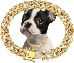 Gold Dog Chain Collar Diamond Cuban Link Dog Collar 13mm Wide Dog Necklace Metal - $29.30