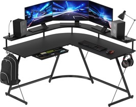 Shw L Shaped Gaming Desk With Full Around Monitor Stand And Drawer, Black - $1,331.61 MXN