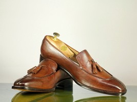 Men&#39;s Handmade Brown Leather Tussle Loafer Split Toe Shoes, Men Designer Shoes - £115.89 GBP+