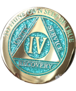 4 Year AA Medallion Elegant Glitter Aqua Gold Plated Sobriety Chip Coin ... - $19.99