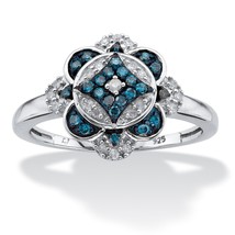 Platnium Over Sterling Silver Blue And White Diamond Floral Ring Size 6 7 8 9 10 - £237.01 GBP