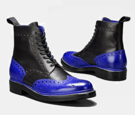 High Ankle Men Two Tone Black Blue Brogues Toe Wing Tip Leather Boot BUS 7-16