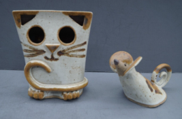 Handcrafted Studio Art Pottery Stoneware Cat &amp; Mouse Sculpture Figures - £28.22 GBP