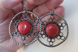 Armenian Filigree Coral Circle Star Dangle Earrings, Armenian Earrings - £32.55 GBP