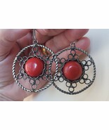 Armenian Filigree Coral Circle Star Dangle Earrings, Armenian Earrings - $58.97 CAD