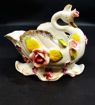Vintage Lefton China 1960s Hand Painted Porcelain Floral Swan Trinket Dish - £19.37 GBP