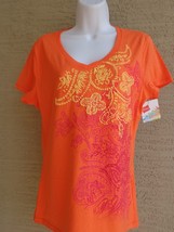 Hanes Small Cotton Graphic  V Neck Tee Shirt Orange Raised flowers - £8.84 GBP