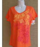 Hanes Small Cotton Graphic  V Neck Tee Shirt Orange Raised flowers - £8.70 GBP