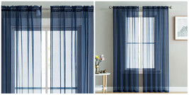 2-PC Sheer Voile Curtains Drapes Set 63&quot; Long Rod Pocket Solid - Navy Bl... - £29.69 GBP