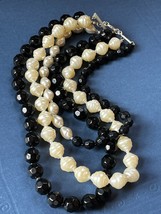 Triple Strand Faux Creamy White Pearl &amp; Black Faceted Plastic Chunky Bead Neckla - £11.96 GBP