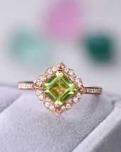1.25Ct Brilliant Princess Cut Peridot Halo Wedding Ring 14K Rose Gold Finish - £65.21 GBP