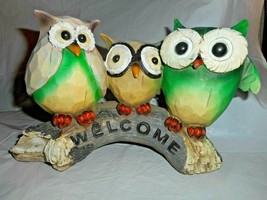 Owls Wooden WELCOME Tabletop Decor Three Colorful Standing On Log Molded Resin - £14.50 GBP