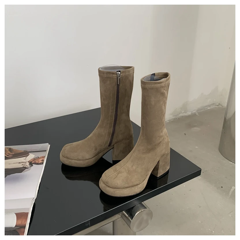  Style Autumn   Boots Women 2024 Thick Soled  Heels Round Toe Mid Calf Boots Zip - £91.50 GBP