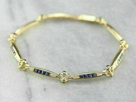 3Ct Saphir Bleu &amp; Simulé Diamant Bracelet Tennis 14K or Jaune Sur 7 &quot; - £149.85 GBP