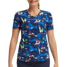 Scrubstar Women&#39;s Halloween Creatures V-Neck Print Scrub Top Multicolor ... - £20.84 GBP